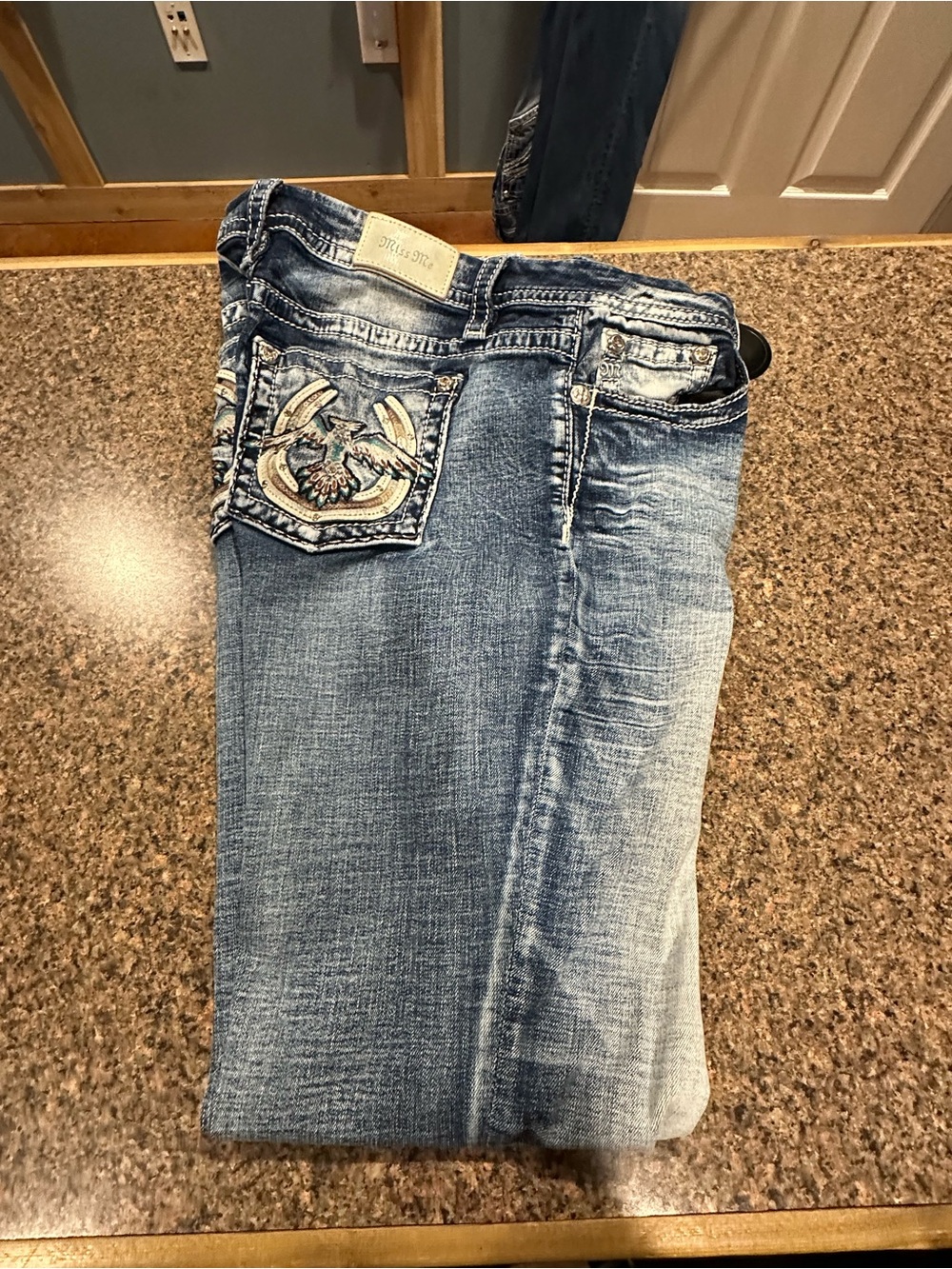 Miss Me Medium Blue Straight Leg Jeans with Embroidered Back Pocket